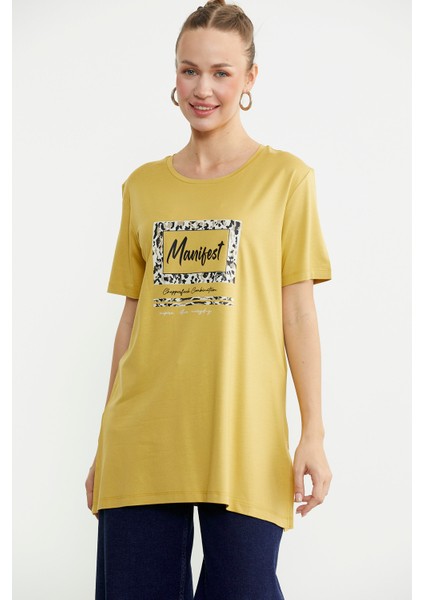 Baskılı Bisiklet Yaka Tunik Tişört - Hardal modelleri