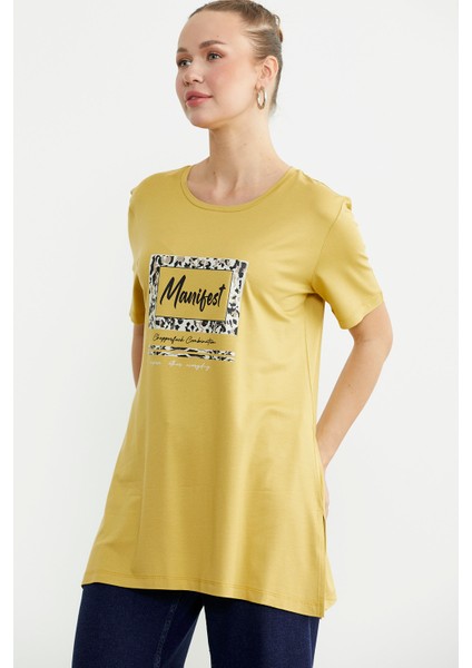 Baskılı Bisiklet Yaka Tunik Tişört - Hardal fırsatları