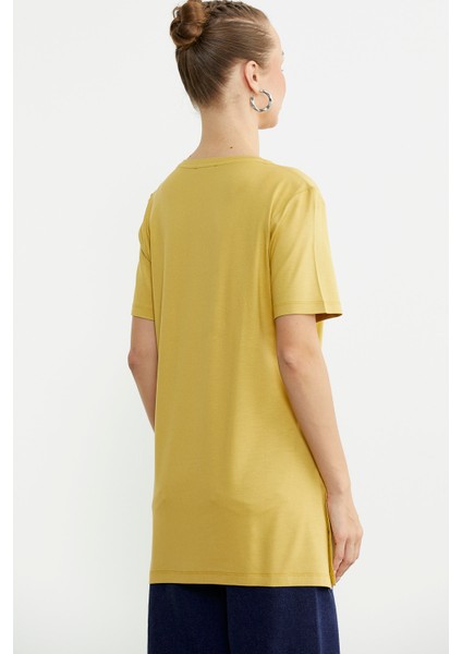 Baskılı Bisiklet Yaka Tunik Tişört - Hardal indirimleri