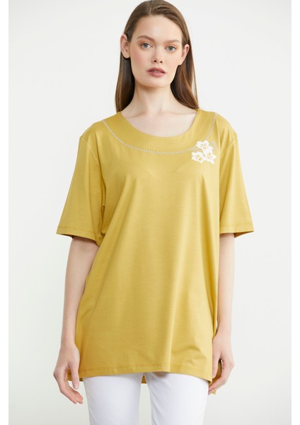 Nakışlı Büyük Beden Penye Tişört - Hardal