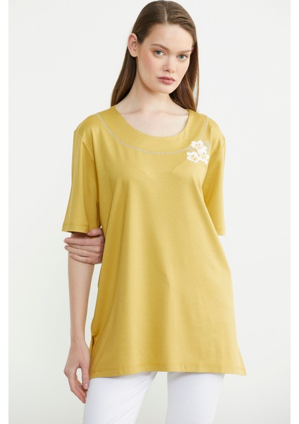 Nakışlı Büyük Beden Penye Tişört - Hardal fiyatları