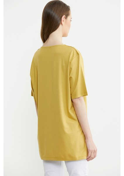 Nakışlı Büyük Beden Penye Tişört - Hardal fırsatları