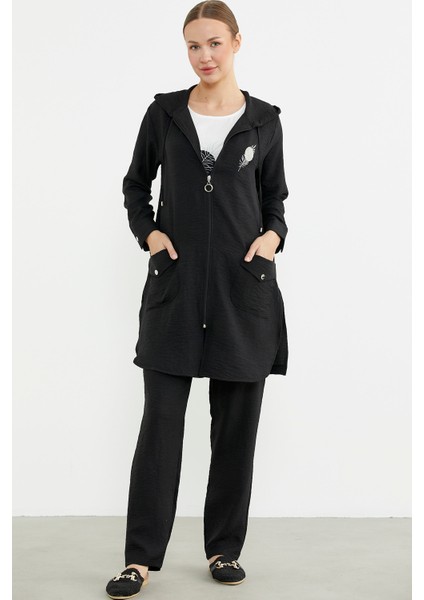 Büyük Beden Keten Görünümlü Üçlü Takım - Siyah