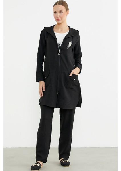 Büyük Beden Keten Görünümlü Üçlü Takım - Siyah modelleri