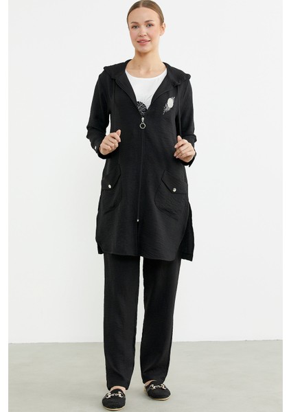 Büyük Beden Keten Görünümlü Üçlü Takım - Siyah fırsatları