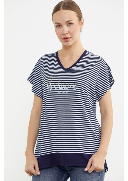 Çizgili V Yaka Payetli Tişört - Lacivert