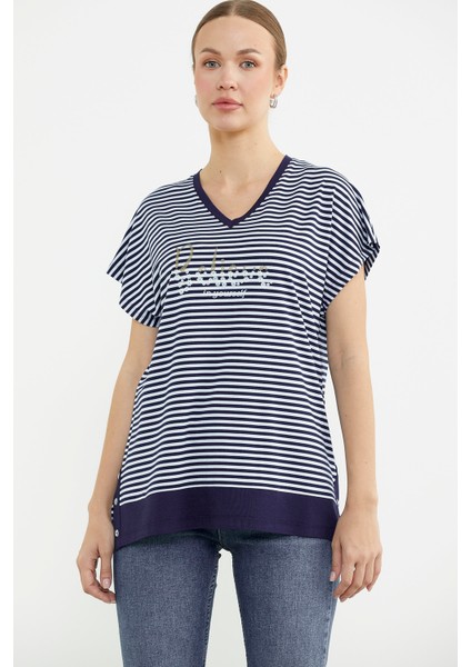 Çizgili V Yaka Payetli Tişört - Lacivert fiyatları
