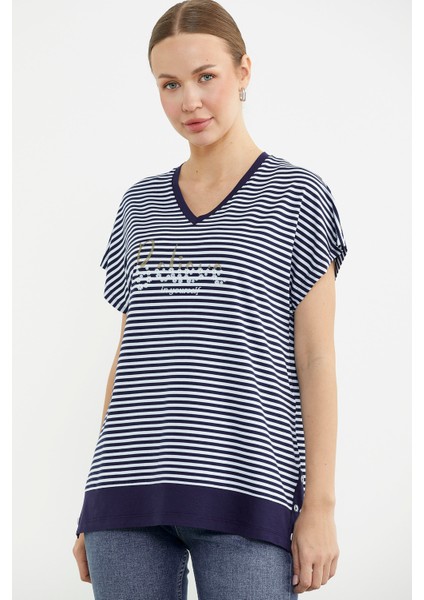 Çizgili V Yaka Payetli Tişört - Lacivert modelleri
