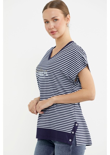 Çizgili V Yaka Payetli Tişört - Lacivert indirimleri