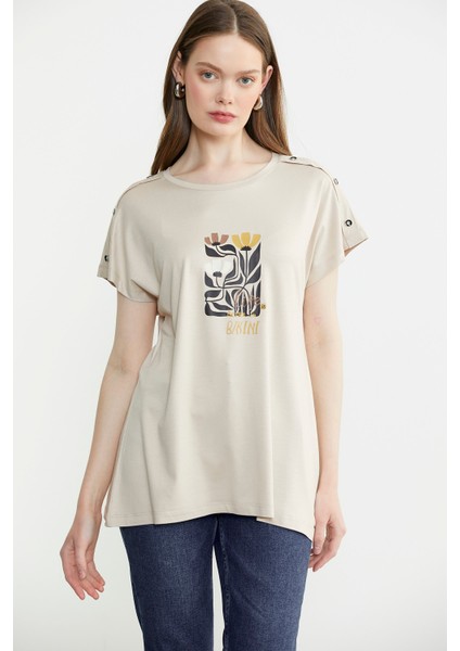 Omuz Detaylı Baskılı Penye Tişört - Taş