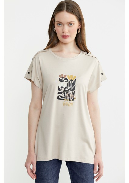 Omuz Detaylı Baskılı Penye Tişört - Taş modelleri