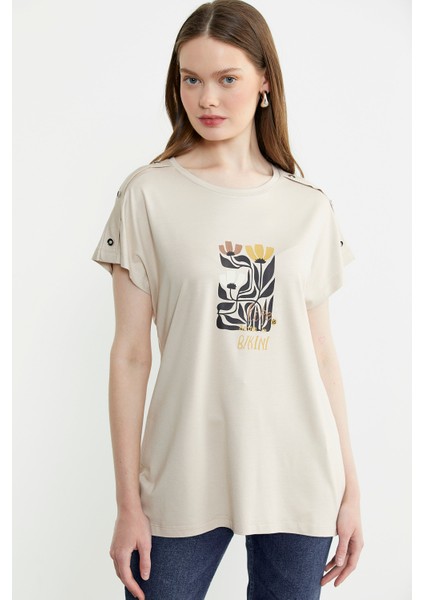 Omuz Detaylı Baskılı Penye Tişört - Taş fırsatları