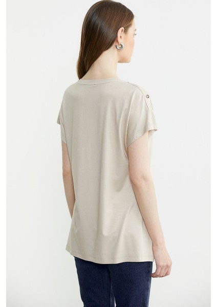 Omuz Detaylı Baskılı Penye Tişört - Taş indirimleri