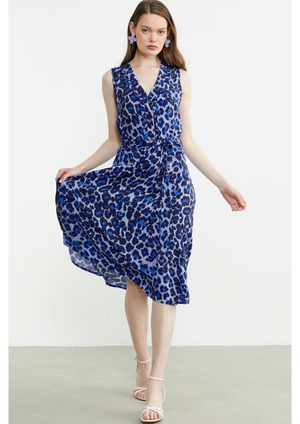 Desenli Kloş Midi Elbise - Saks
