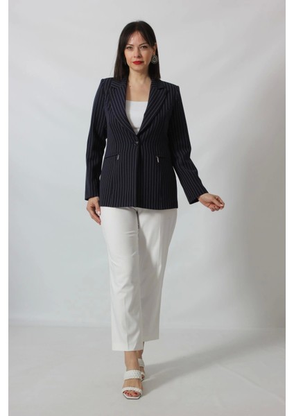 1906 Lacivert Çizgili Fermuarlı Cep Aksesuarlı Kadın Büyük Beden Blazer Ceket