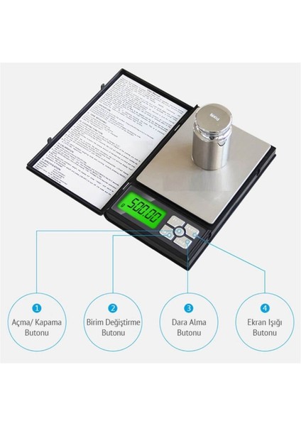 Notebook Kapaklı Cep Terazisi - Hassasiyet: 0,01 Gr. Max: 500 Gr. fırsatları