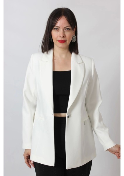 1904 Beyaz Fermuarlı Cep Aksesuarlı Kadın Büyük Beden Blazer Ceket