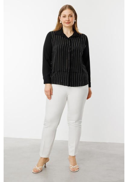 Taş Şeritli Büyük Beden Siyah Bluz 3984-2Y5