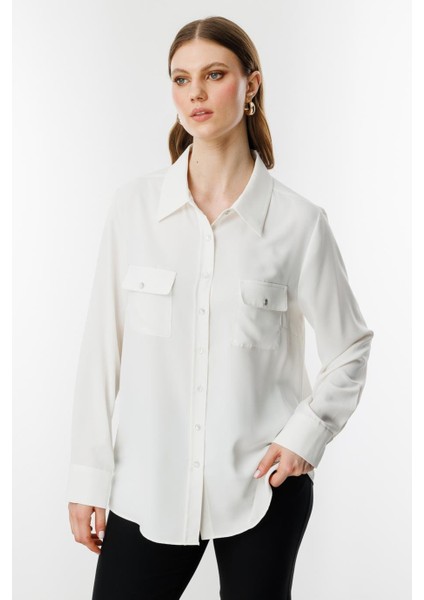 Kapak Cepli Düğmeli Ekru Kadın Gömlek 3526-2Y5 fiyatları