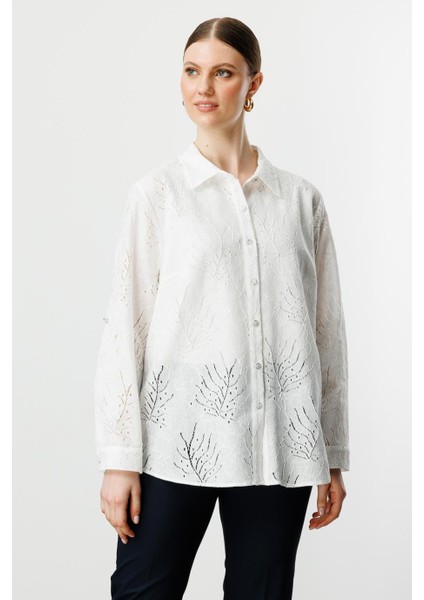 Önü Düğmeli Ekru Kadın Dantelli Bluz 3512-2Y5