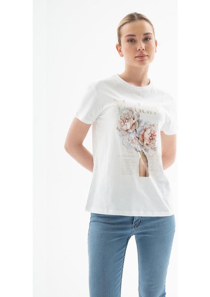 Çiçek Baskılı Beyaz Kadın T-Shirt 0085-2Y5