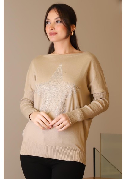 Taşlı Yıldız Baskılı Bej Kadın Triko Kazak 602-2K5