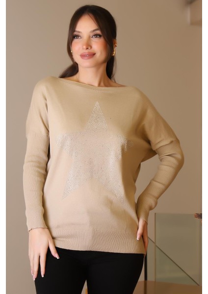 Taşlı Yıldız Baskılı Bej Kadın Triko Kazak 602-2K5 fiyatları