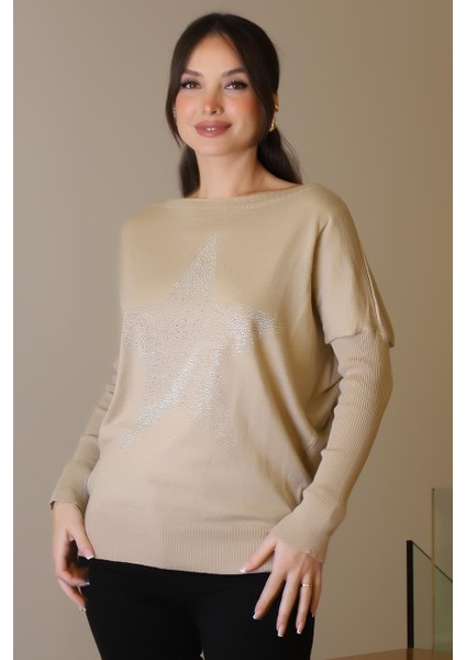Taşlı Yıldız Baskılı Bej Kadın Triko Kazak 602-2K5 modelleri