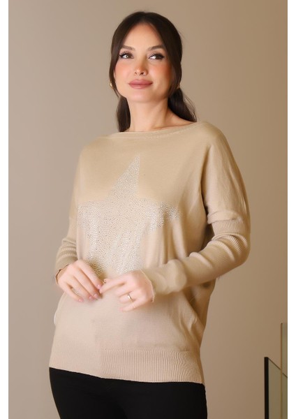 Taşlı Yıldız Baskılı Bej Kadın Triko Kazak 602-2K5 fırsatları