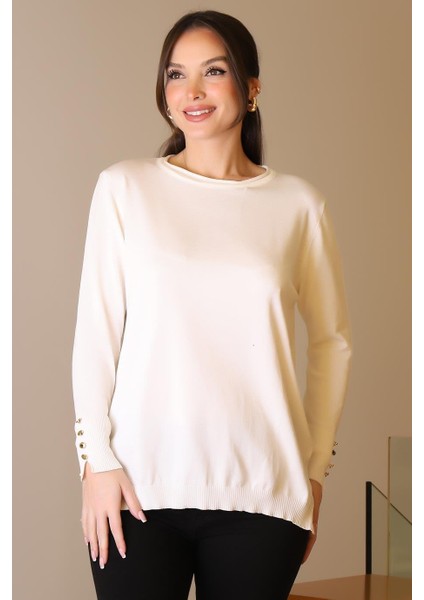Bisiklet Yaka Kolları Düğmeli Ekru Kadın Kazak 5575-2K5