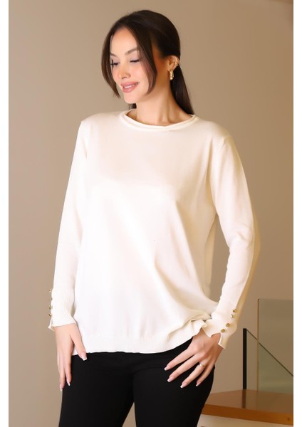 Bisiklet Yaka Kolları Düğmeli Ekru Kadın Kazak 5575-2K5 fiyatları