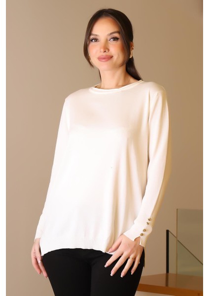 Bisiklet Yaka Kolları Düğmeli Ekru Kadın Kazak 5575-2K5 modelleri