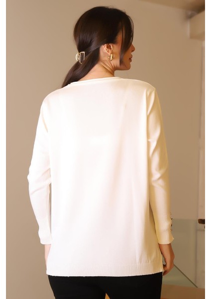 Bisiklet Yaka Kolları Düğmeli Ekru Kadın Kazak 5575-2K5 fırsatları