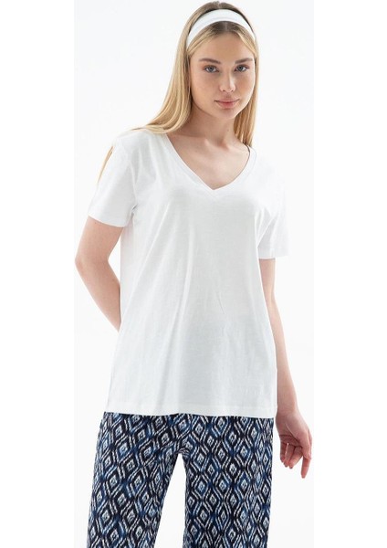 V Yaka Basıc Ekru Kadın T-Shirt 0321-2Y5