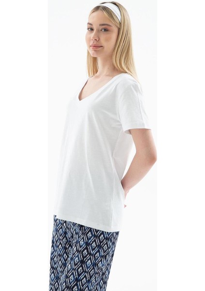 V Yaka Basıc Ekru Kadın T-Shirt 0321-2Y5 modelleri