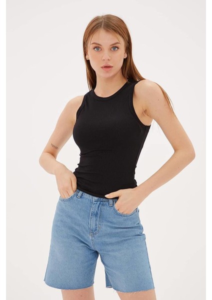 Kolsuz Sıfır Yaka Siyah Kadın Crop 0479-2Y5