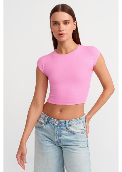 Kısa Kollu Pembe Kadın Crop 30528-2Y5