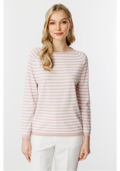 Sıfır Yaka Çizgili Pudra Ekru Kadın Bluz 20177-2Y5