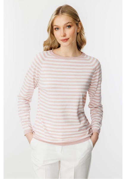 Sıfır Yaka Çizgili Pudra Ekru Kadın Bluz 20177-2Y5 modelleri