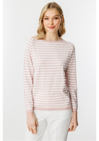 Sıfır Yaka Çizgili Pudra Ekru Kadın Bluz 20177-2Y5 fırsatları