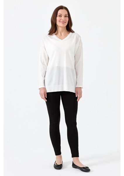 V Yaka Fitilli Ekru Kadın Bluz 20352-2Y5