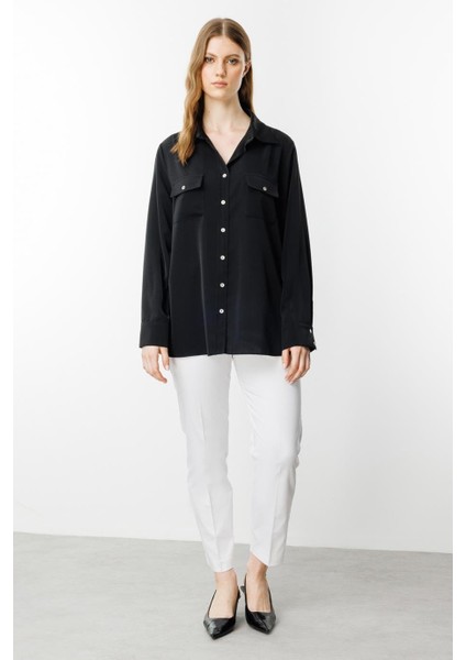 Kapak Cepli Düğmeli Siyah Kadın Gömlek 3526-2Y5