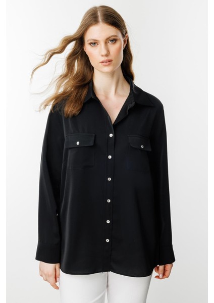 Kapak Cepli Düğmeli Siyah Kadın Gömlek 3526-2Y5 modelleri