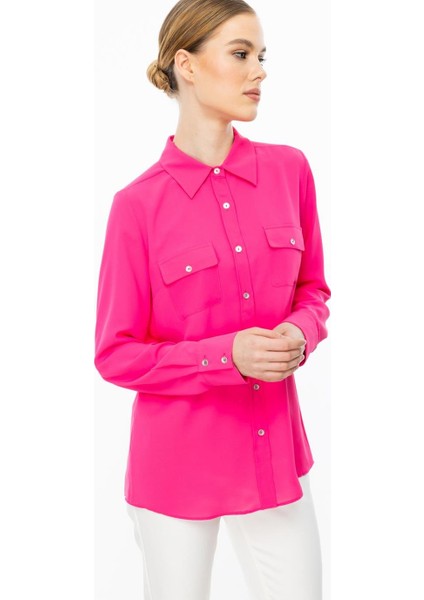 Çift Kapak Cepli Düğmeli Pembe Kadın Bluz 3026-2Y5 modelleri