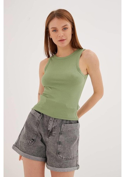 Kolsuz Sıfır Yaka Yeşil Kadın Crop 0479-2Y5