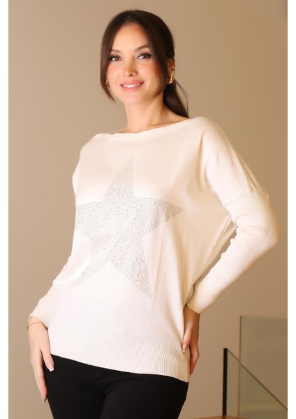 Taşlı Yıldız Baskılı Ekru Kadın Triko Kazak 602-2K5