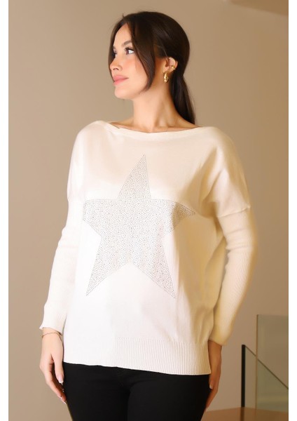 Taşlı Yıldız Baskılı Ekru Kadın Triko Kazak 602-2K5 fiyatları