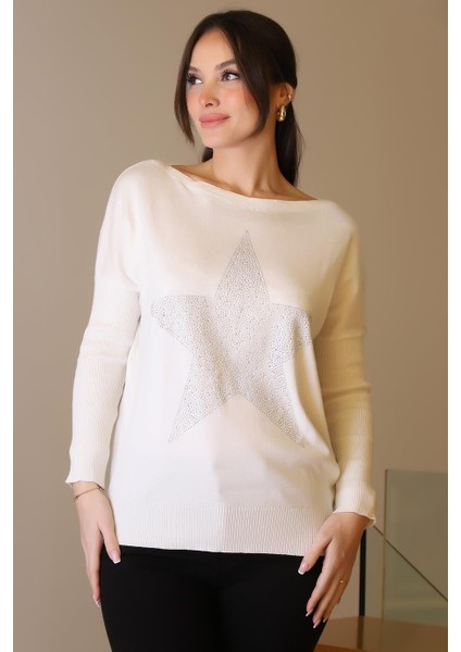 Taşlı Yıldız Baskılı Ekru Kadın Triko Kazak 602-2K5 modelleri