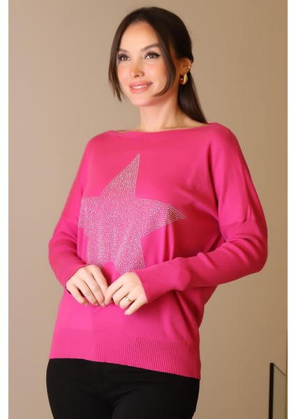 Taşlı Yıldız Baskılı Fuşya Kadın Triko Kazak 602-2K5