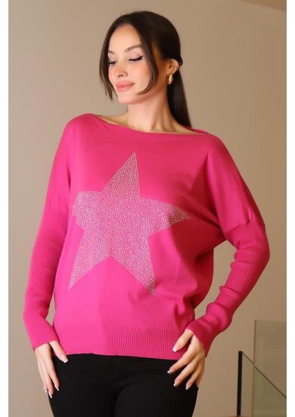 Taşlı Yıldız Baskılı Fuşya Kadın Triko Kazak 602-2K5 fiyatları
